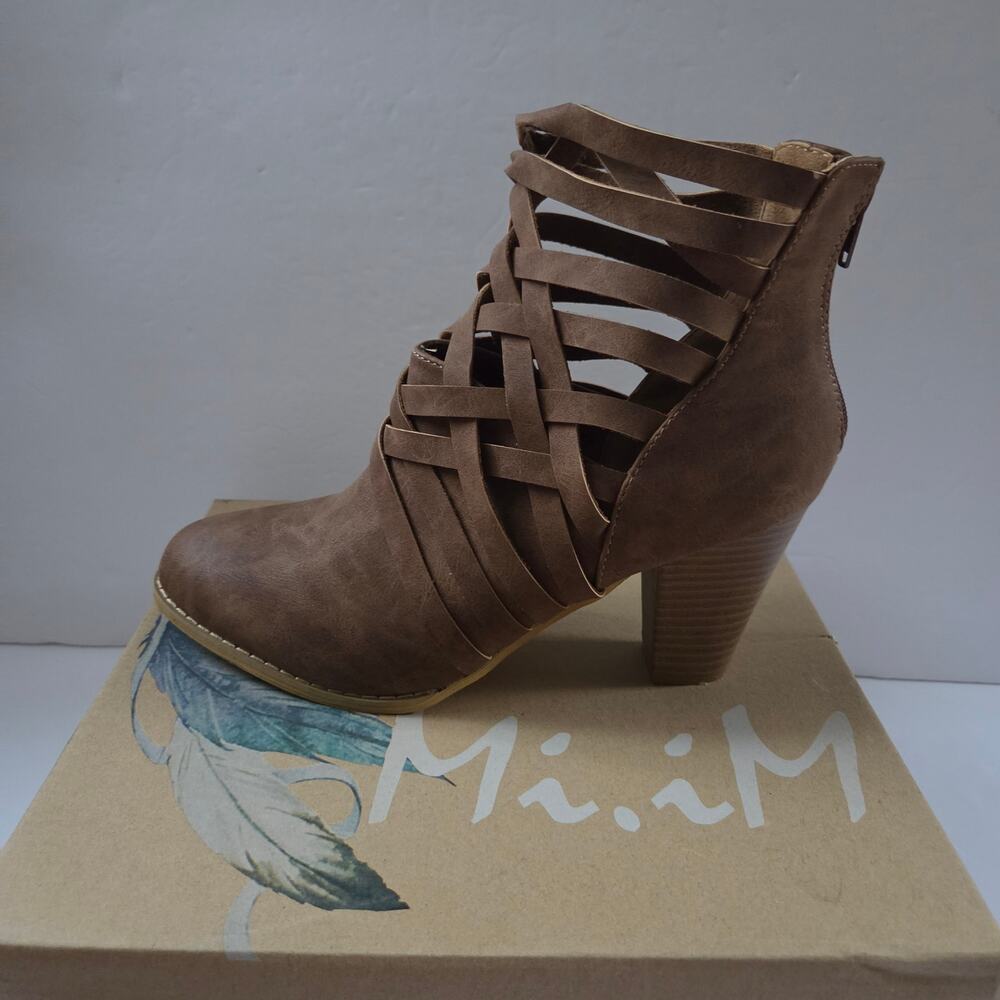 Mi.iM URBAN‑05 Brown Woven Strap Ankle Booties Stacked Heel Size 9 NIB - Picture 2 of 16